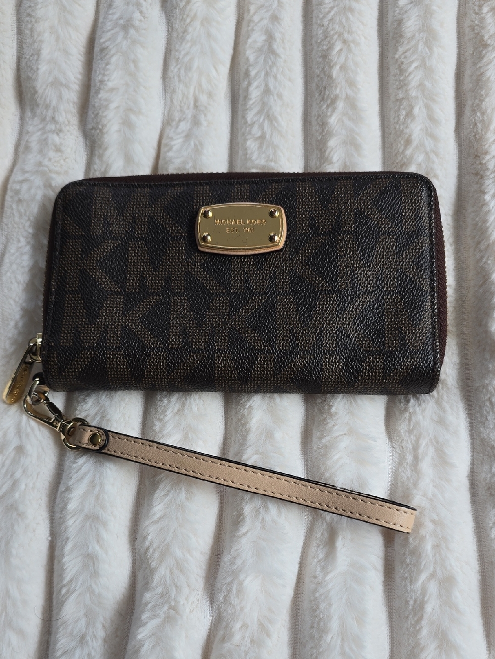 Michael Kors Brown Signature MK Zip-Around Wristlet with Beige Strap